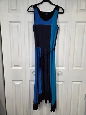 Ann Taylor Blue Colorblock Sleeveless Maxi Dress Asymmetric Hem Tie Waist Sz 10